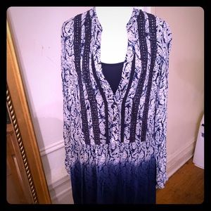 White and Navy Blue long Sleeve Boho Dress